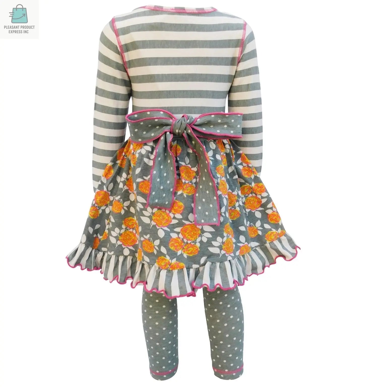 AnnLoren Boutique Grey Floral & Striped Dress & Polka Dot Leggings Clothing Set-1