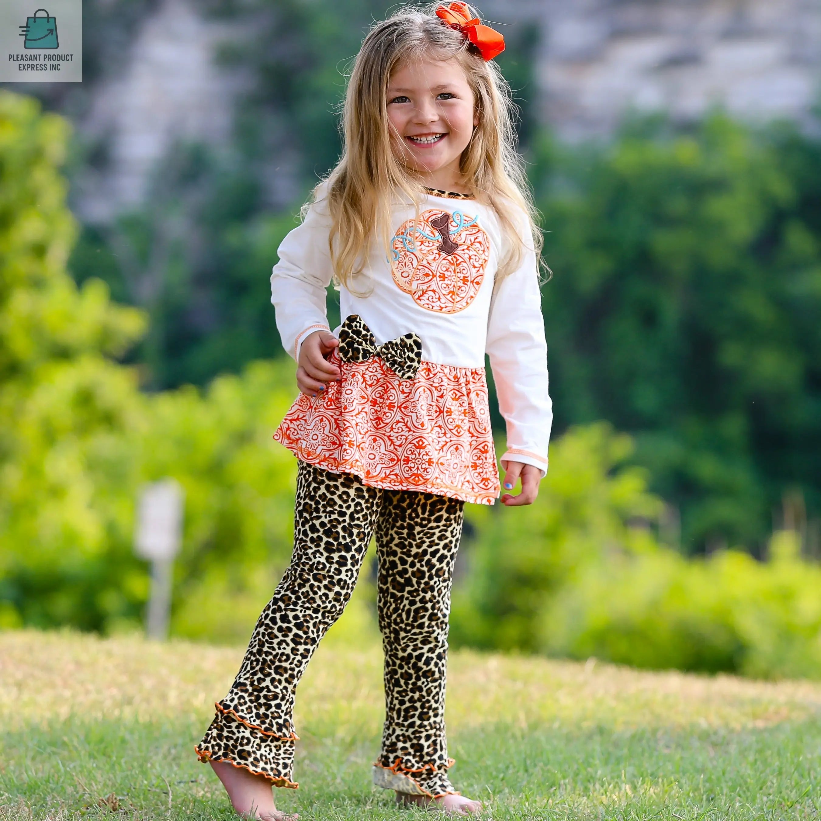 AnnLoren Girls Autumn Orange Pumpkin Leopard Tunic Thanksgiving Outfit-1