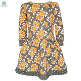 AnnLoren girls long sleeve grey dress with peach floral print and polka dot trim