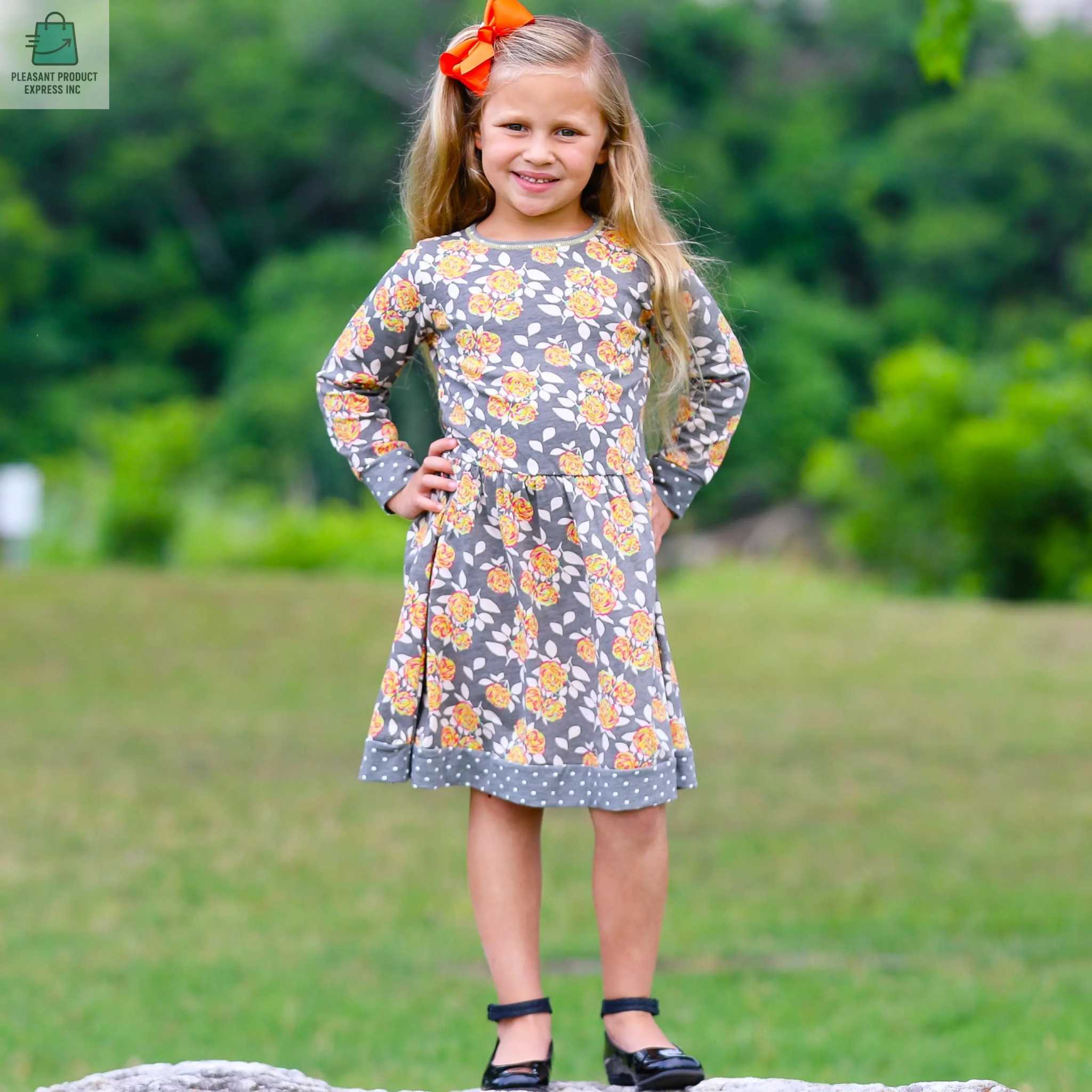 AnnLoren Girls Boutique Grey Peach Shabby Fall Floral Long Sleeve Cotton Dress-2