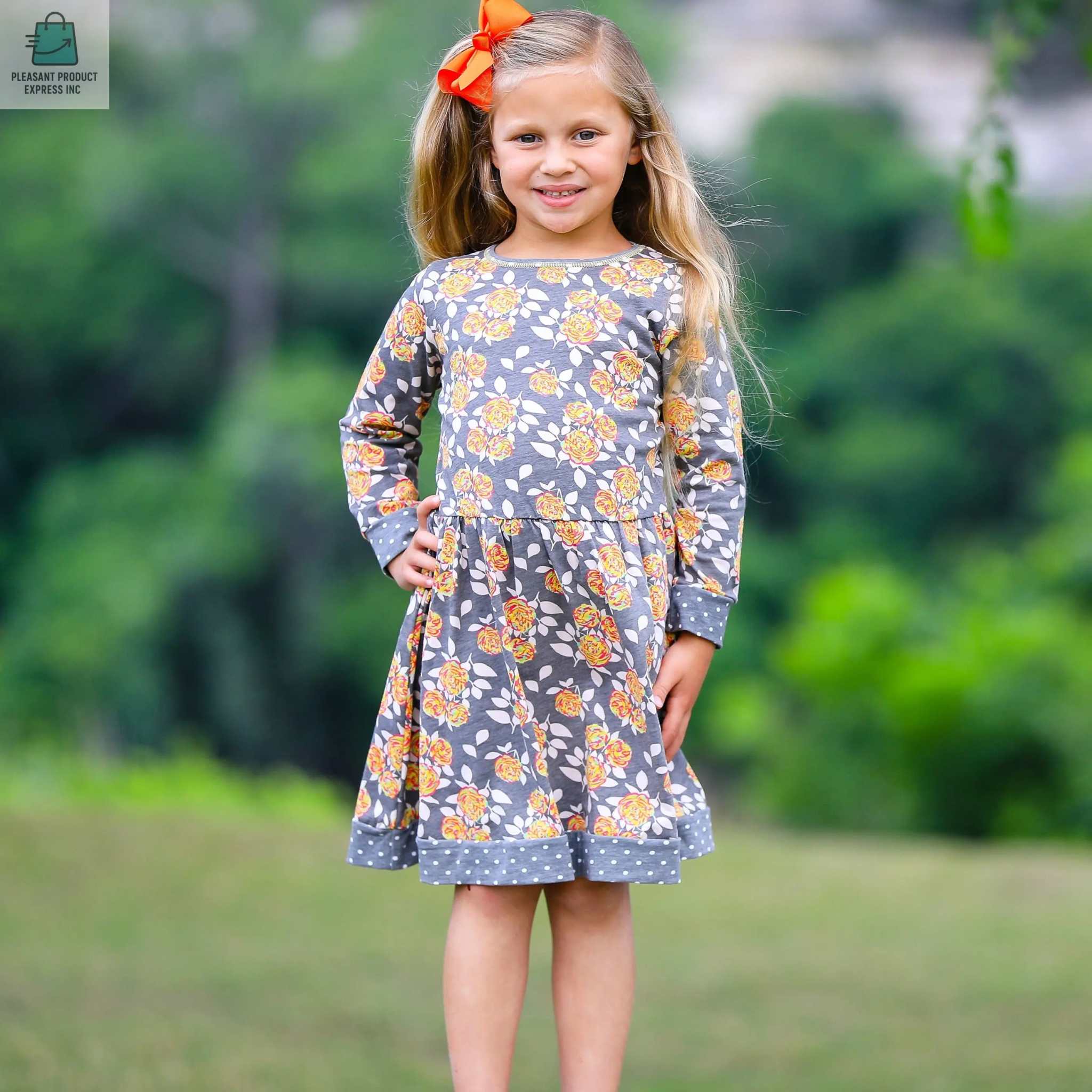 AnnLoren Girls Boutique Grey Peach Shabby Fall Floral Long Sleeve Cotton Dress-3