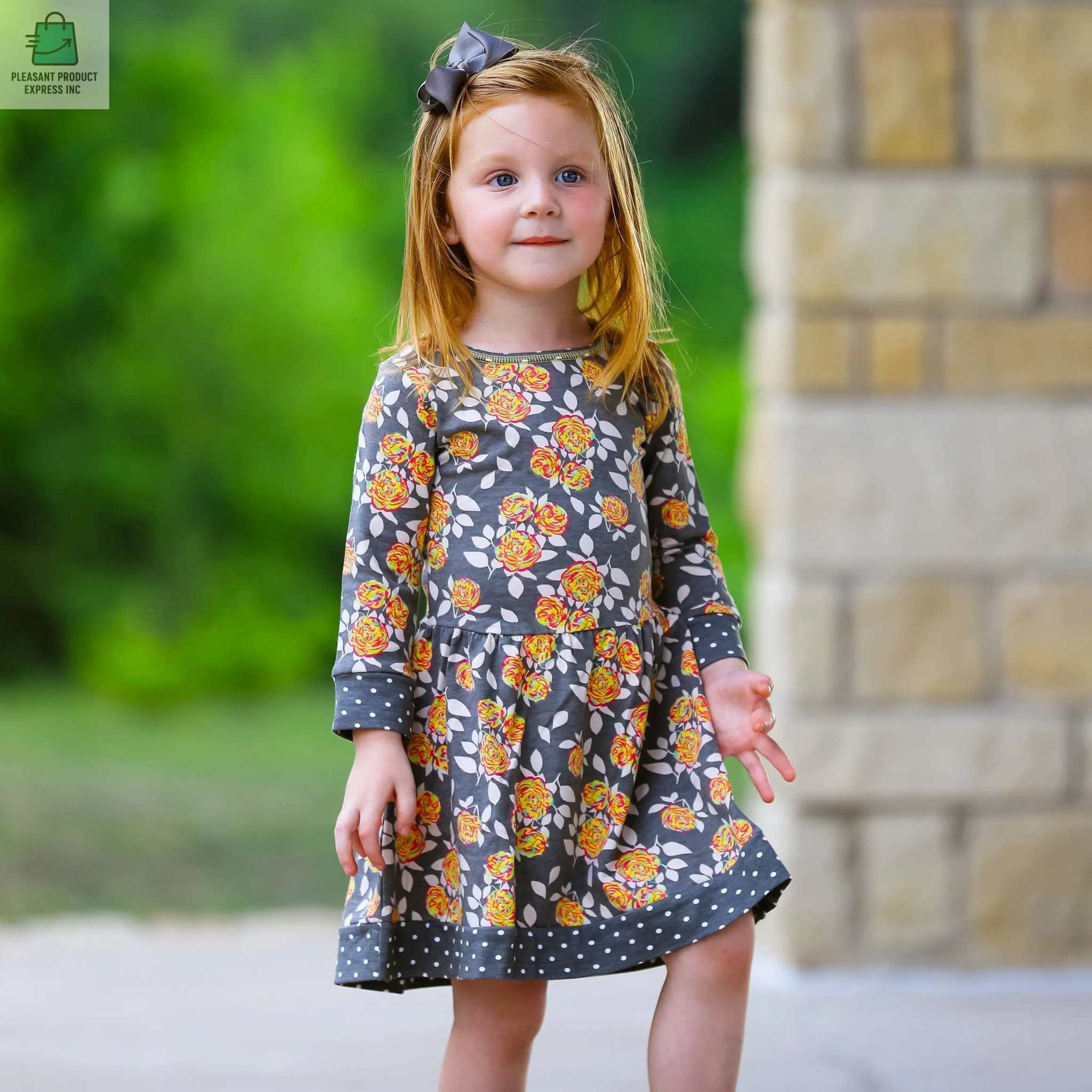 AnnLoren Girls Boutique Grey Peach Shabby Fall Floral Long Sleeve Cotton Dress-4