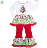 AnnLoren girls Christmas outfit set with polka dot and swirl patterns, long sleeve top with Christmas tree patch, and red knit pants with ruffle accents
