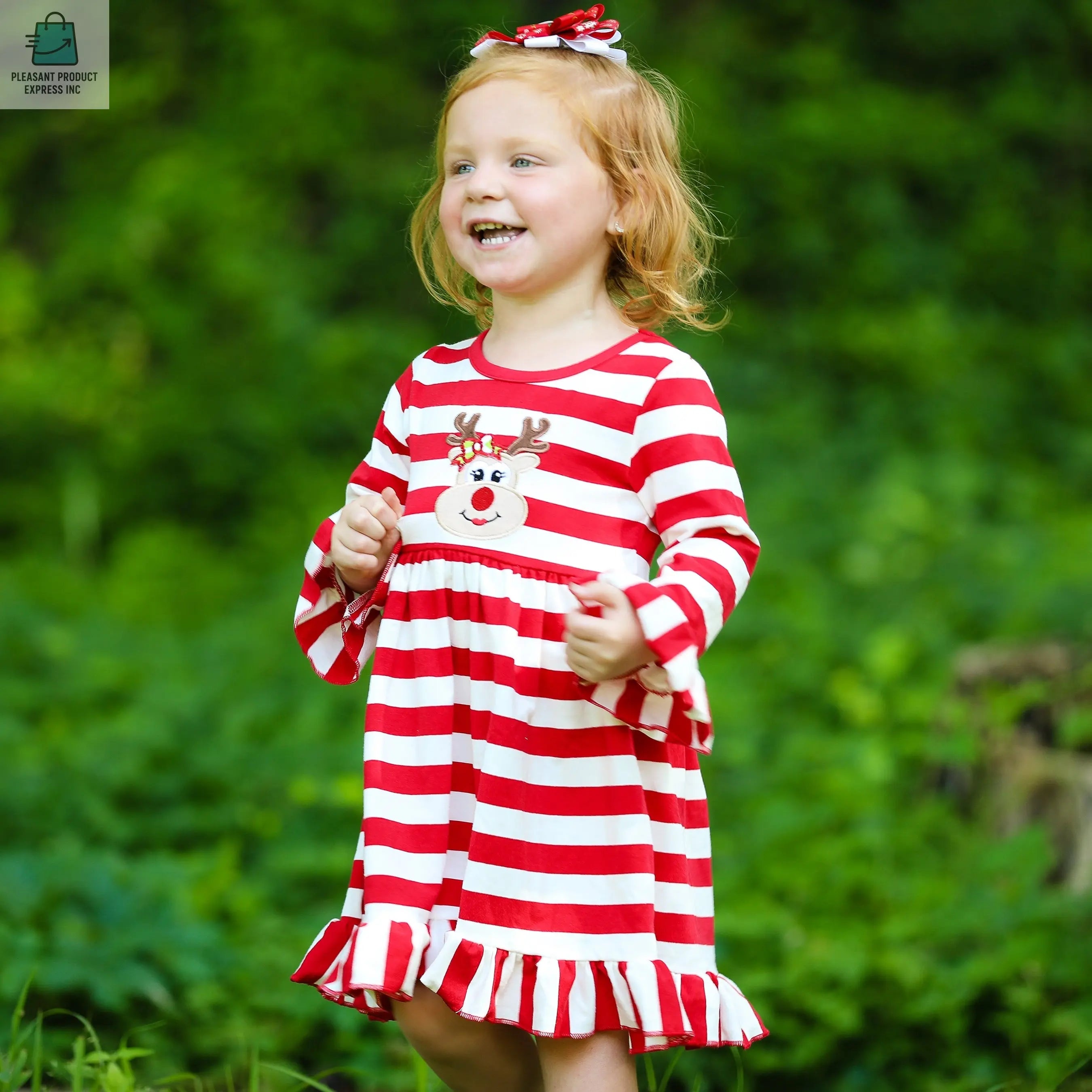 AnnLoren Girls Boutique Red Stripe Christmas Rudolf the Reindeer Swing Dress-3