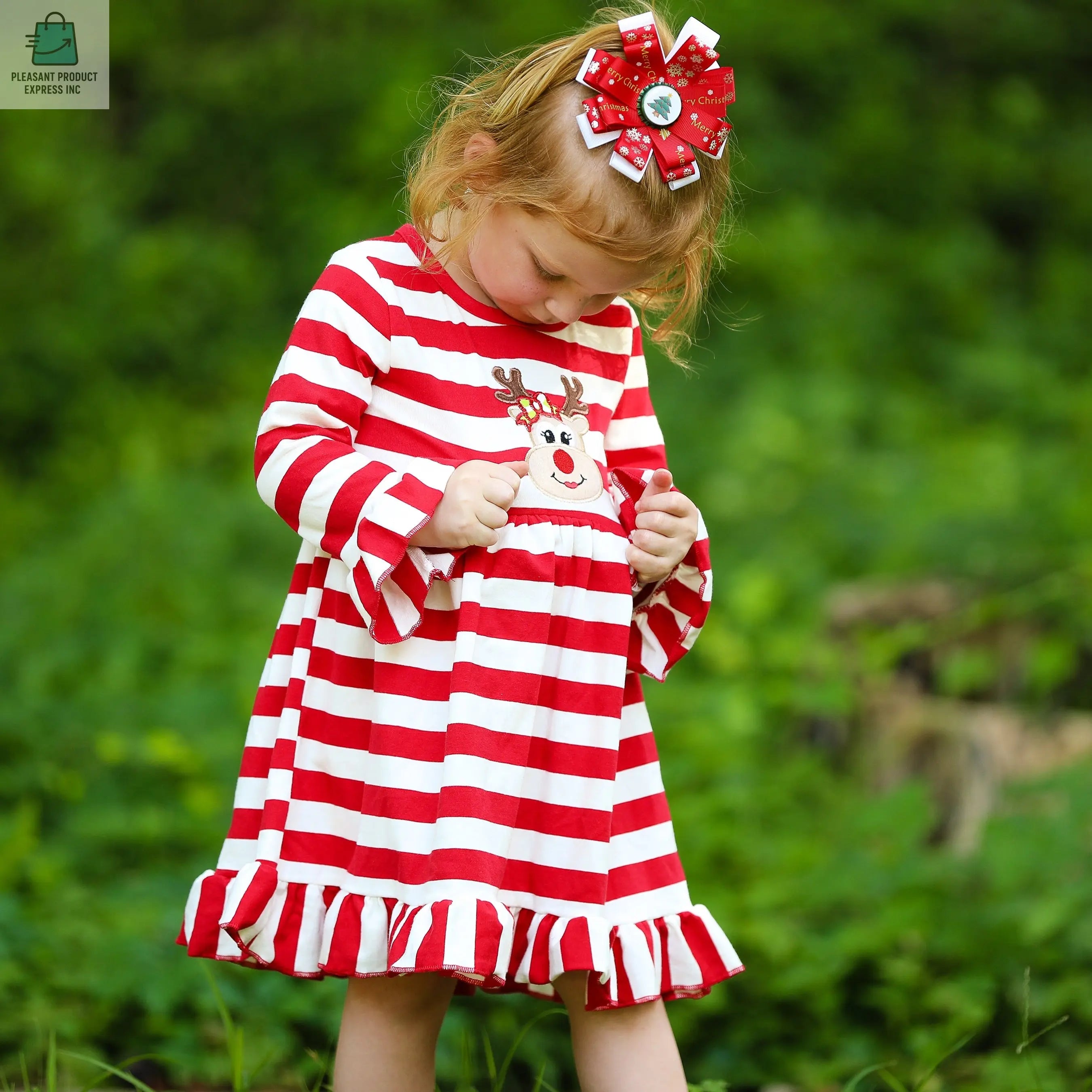 AnnLoren Girls Boutique Red Stripe Christmas Rudolf the Reindeer Swing Dress-4