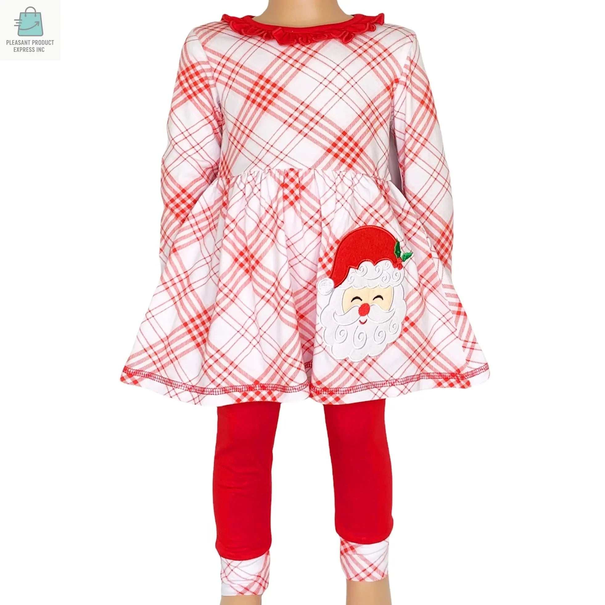 Girls Christmas dress set with red plaid Santa applique and matching red leggings for festive holiday outfit