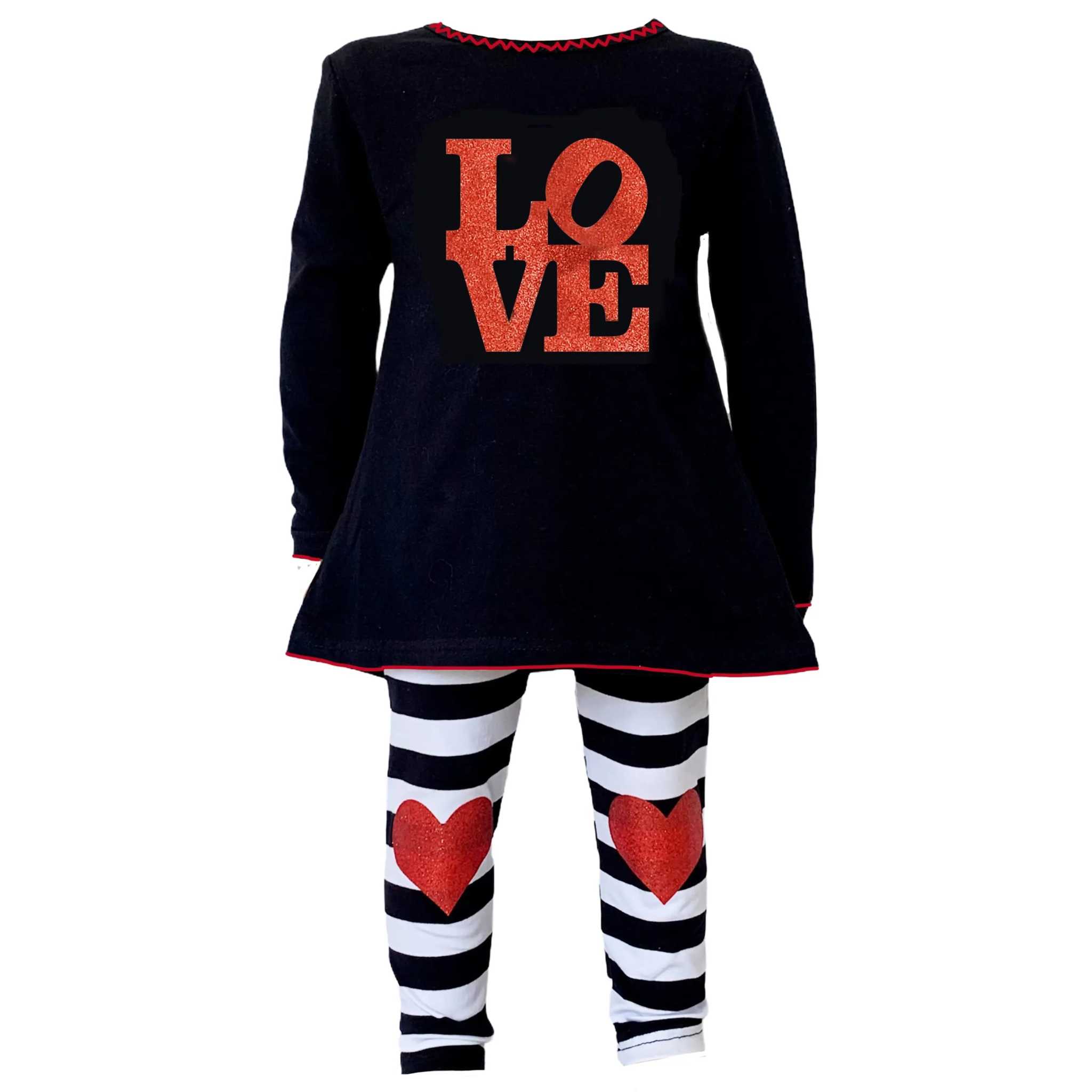 AnnLoren Girls LOVE Heart Tunic with black and white striped leggings featuring red heart accents Valentine's Day outfit