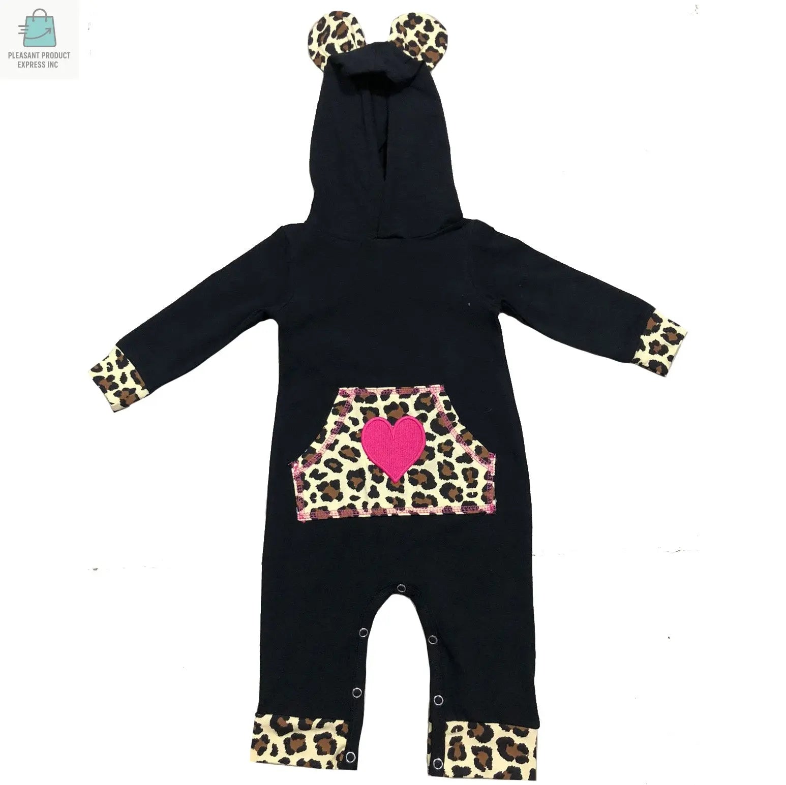 AnnLoren girls long sleeve black romper hoodie with leopard print accents and heart design