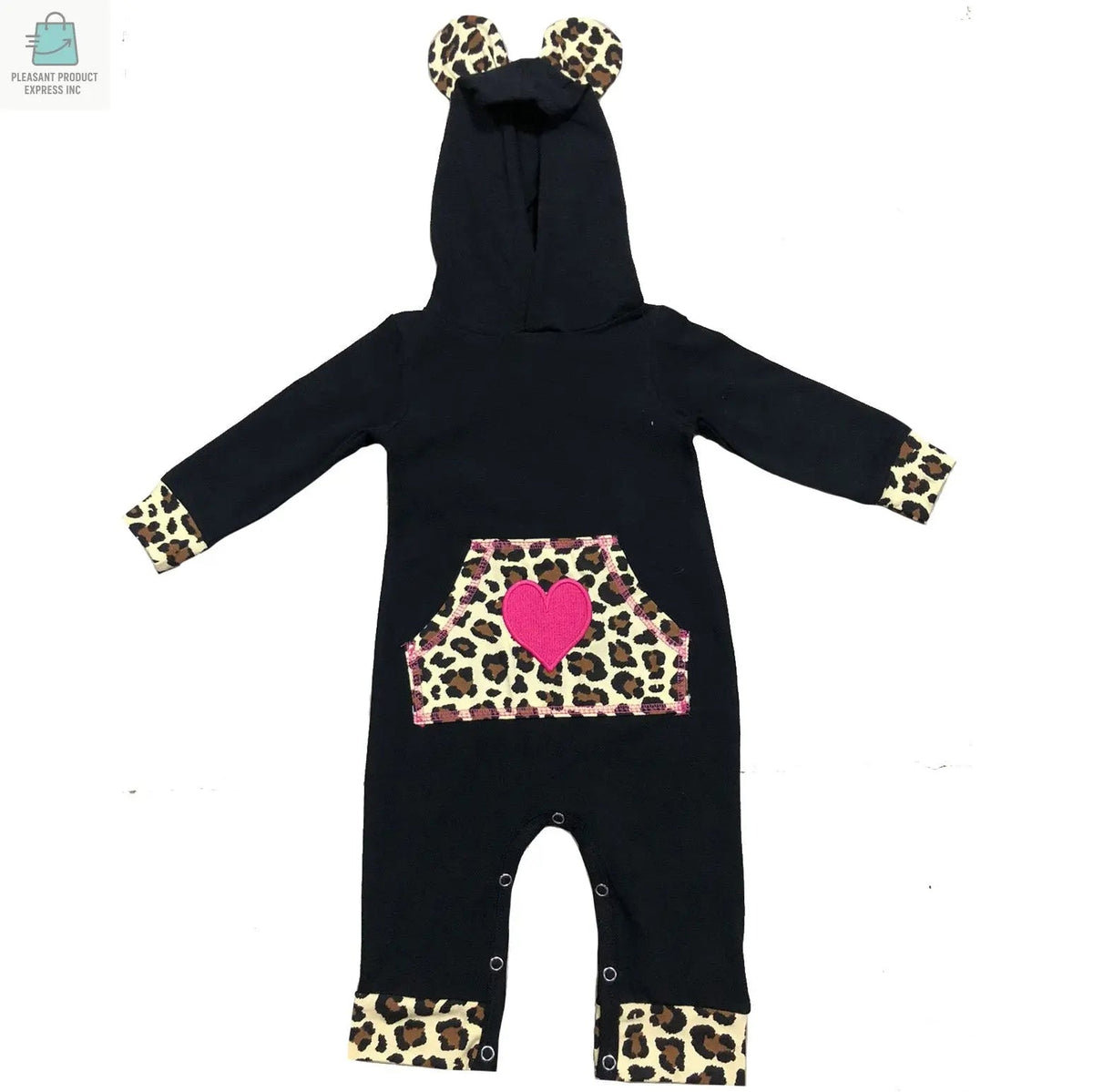 AnnLoren girls long sleeve black romper hoodie with leopard print accents and heart design