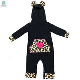 AnnLoren girls long sleeve black romper hoodie with leopard print accents and heart design