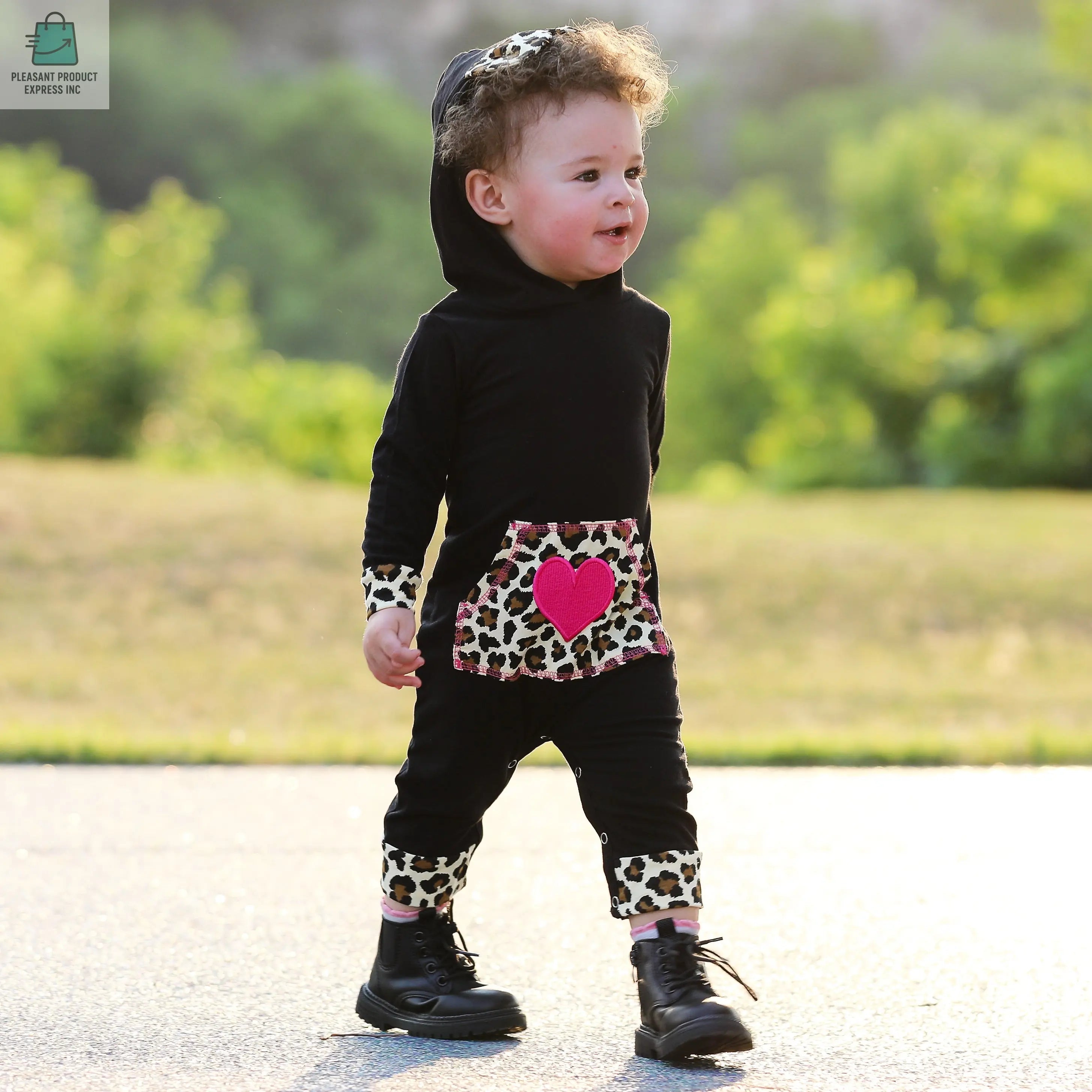 AnnLoren Girls Long Sleeve Leopard Heart Baby Toddler Romper Hoodie One Piece-1