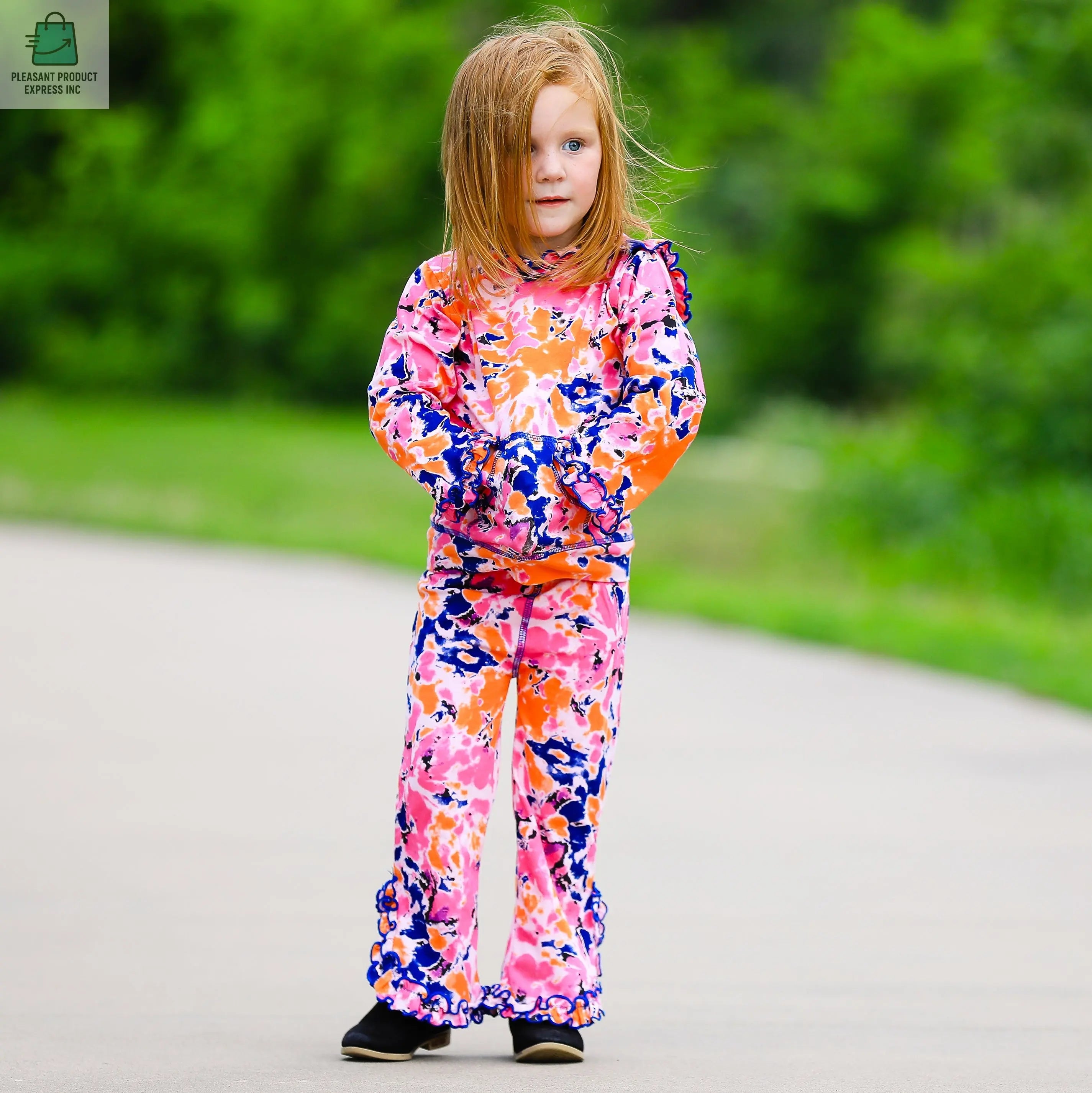 AnnLoren Girls Pink, Orange & Purple Tie Dye Ruffle Hoodie 2 Pc Fashion Track Suit-3