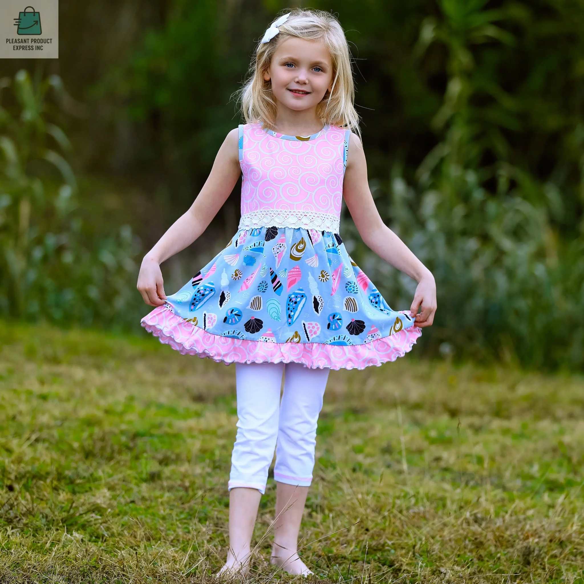 AnnLoren Girls Seashells & Swirls Dress & White Capri Leggings Boutique Set-1