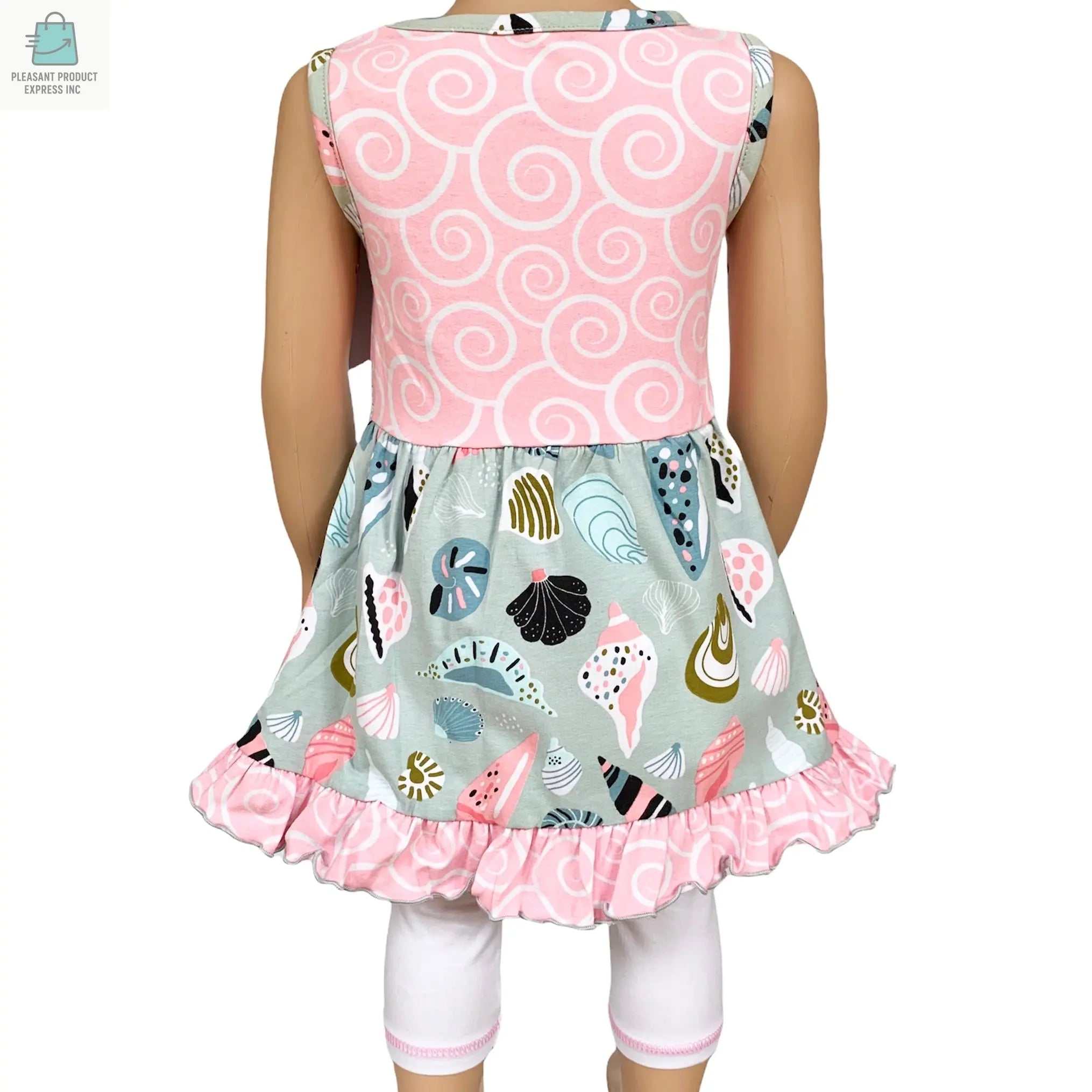 AnnLoren Girls Seashells & Swirls Dress & White Capri Leggings Boutique Set-4