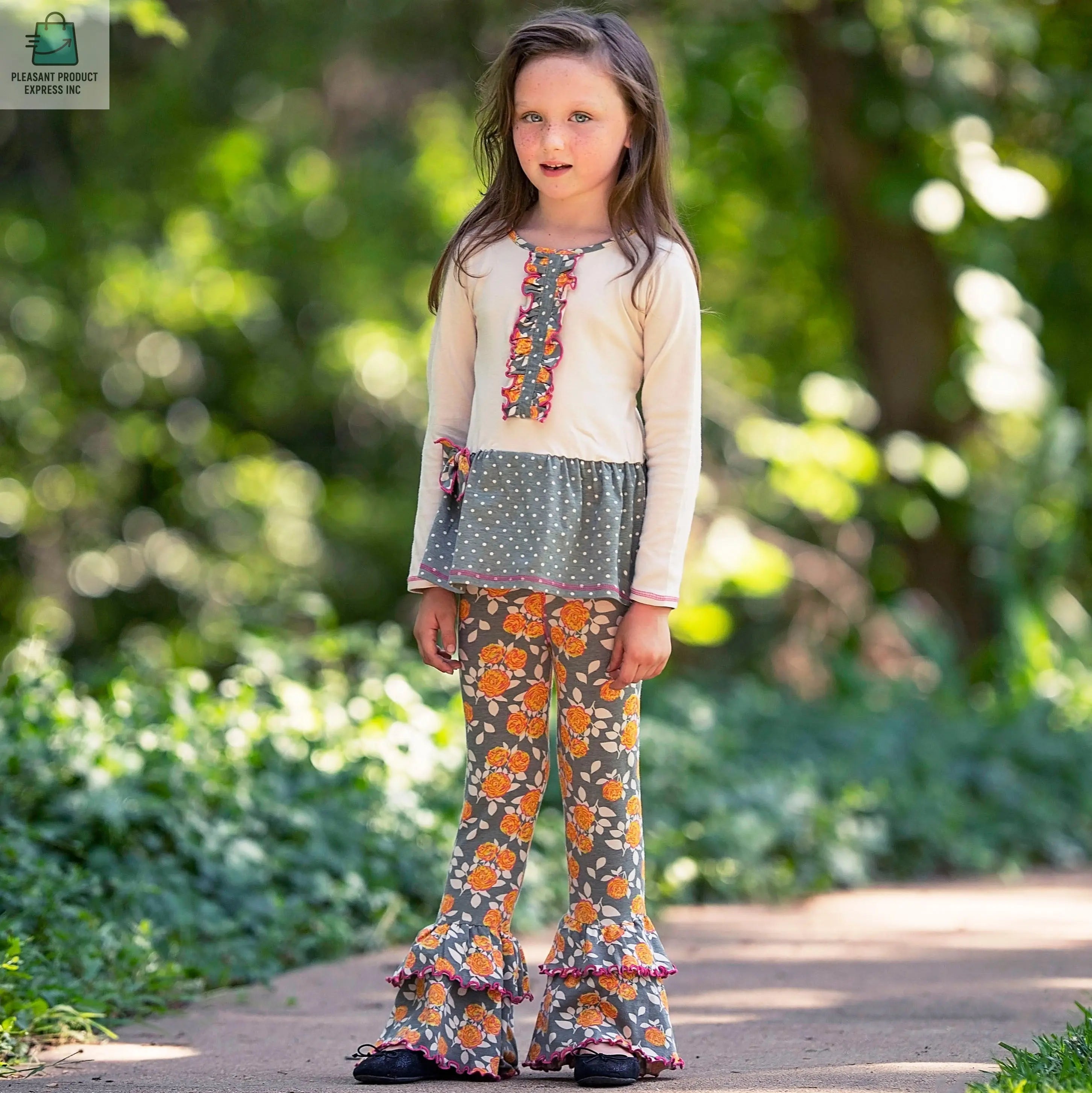 AnnLoren Girls Vintage Floral Polka Dots Tunic & Ruffle Pant Clothing Set-4