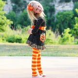AnnLoren Girls' Halloween Orange Pumpkin Polka Dot Dress & Leggings Outfit-2