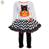 AnnLoren Girls' Halloween Orange Pumpkin and Black Cat Dress & Leggings Outfit-0