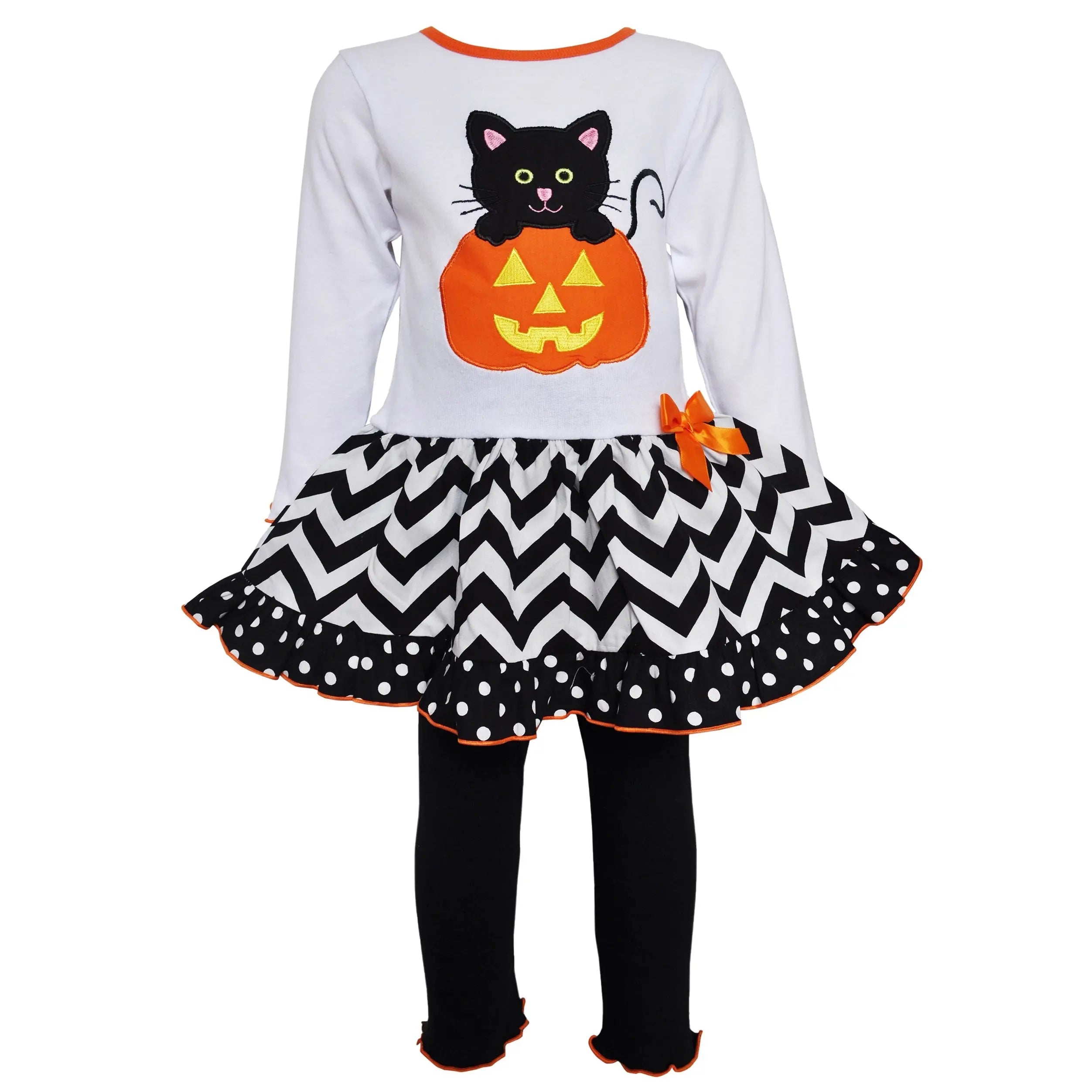 AnnLoren Girls' 2-Piece Halloween outfit featuring a long-sleeve top with pumpkin and black cat design, chevron skirt, and black leggings