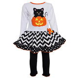 AnnLoren Girls' 2-Piece Halloween outfit featuring a long-sleeve top with pumpkin and black cat design, chevron skirt, and black leggings