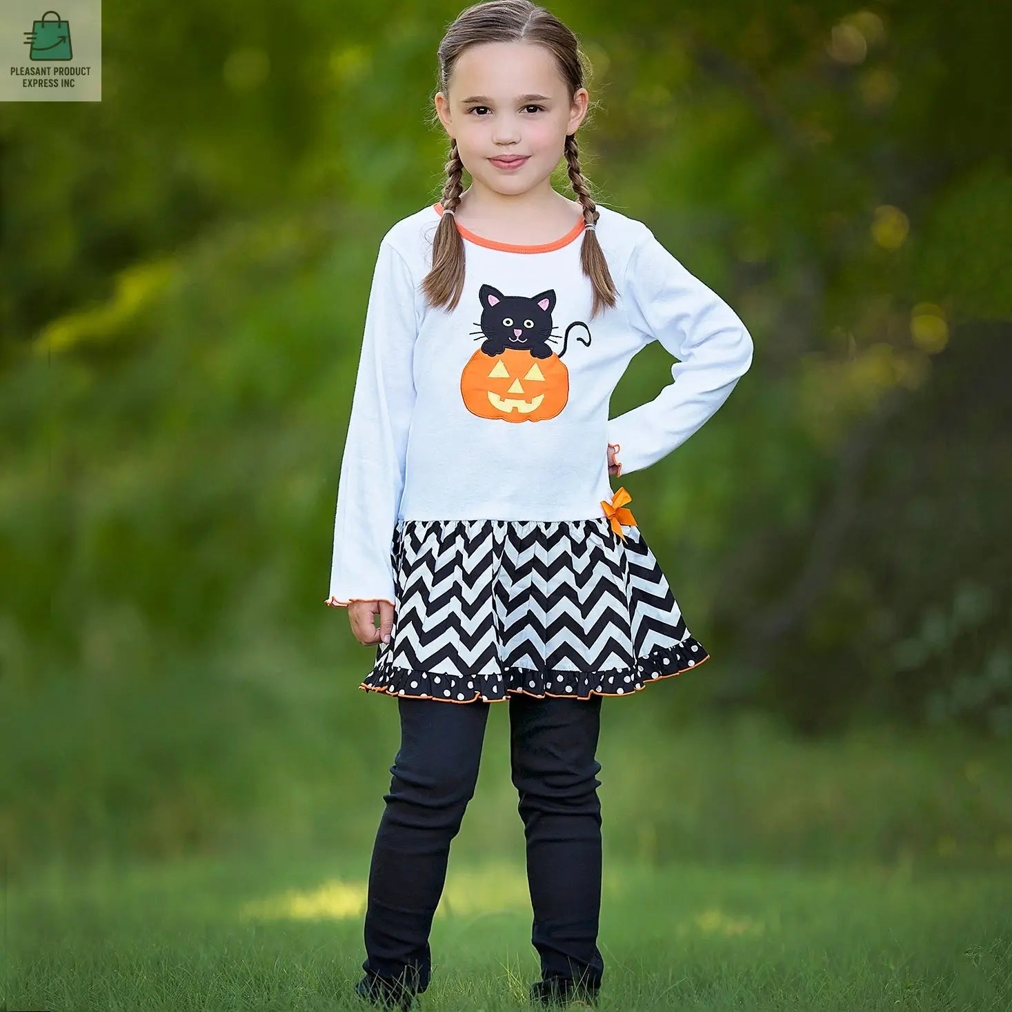 AnnLoren Girls' Halloween Orange Pumpkin and Black Cat Dress & Leggings Outfit-3