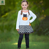 AnnLoren Girls' Halloween Orange Pumpkin and Black Cat Dress & Leggings Outfit-3