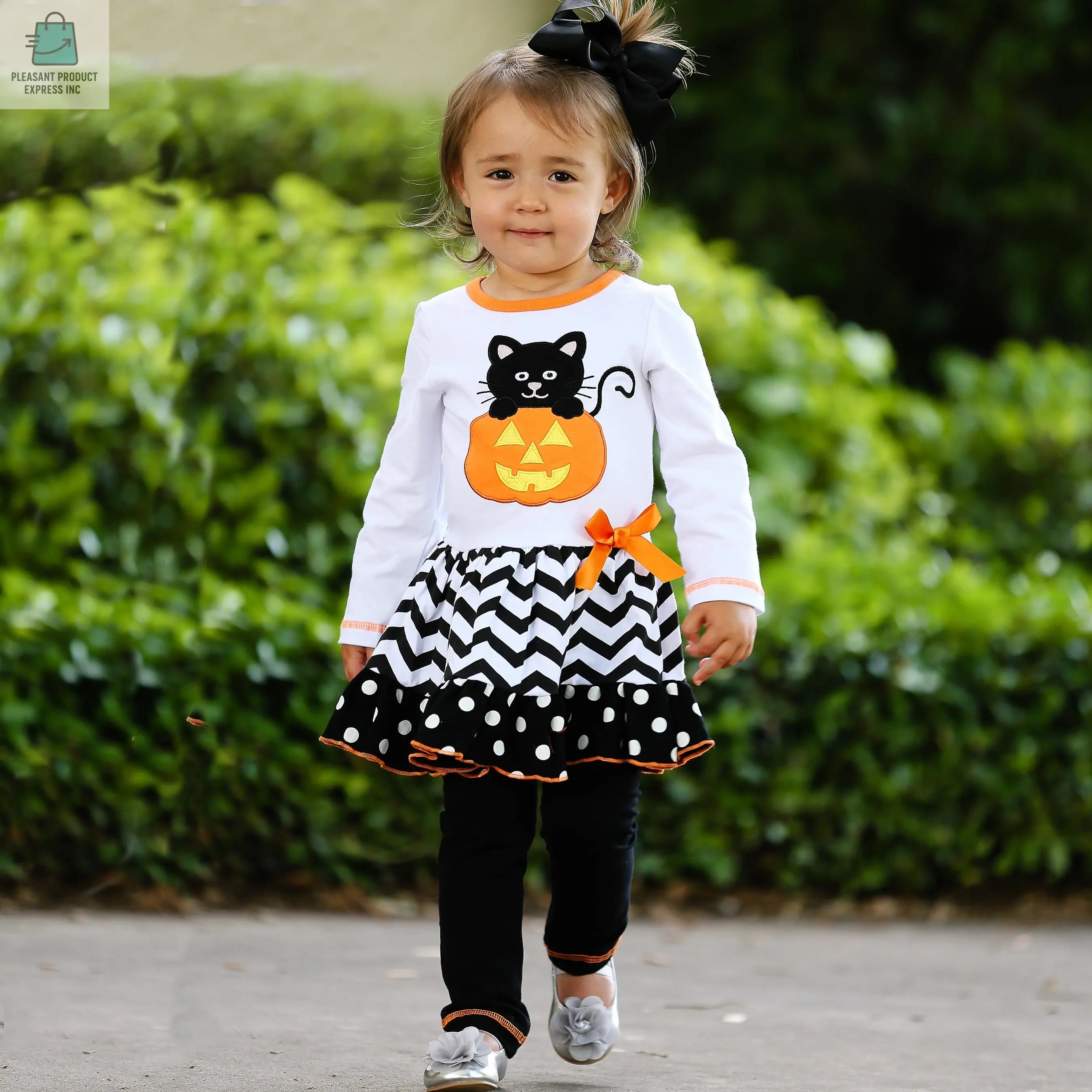 AnnLoren Girls' Halloween Orange Pumpkin and Black Cat Dress & Leggings Outfit-4