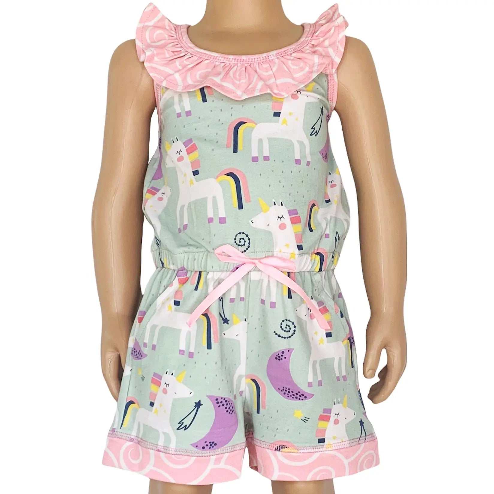 AnnLoren Girls Jumpsuit with unicorn and rainbow print, pink ruffle neckline, elastic waistband, and pockets romper for tweens