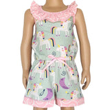 AnnLoren Girls Jumpsuit with unicorn and rainbow print, pink ruffle neckline, elastic waistband, and pockets romper for tweens