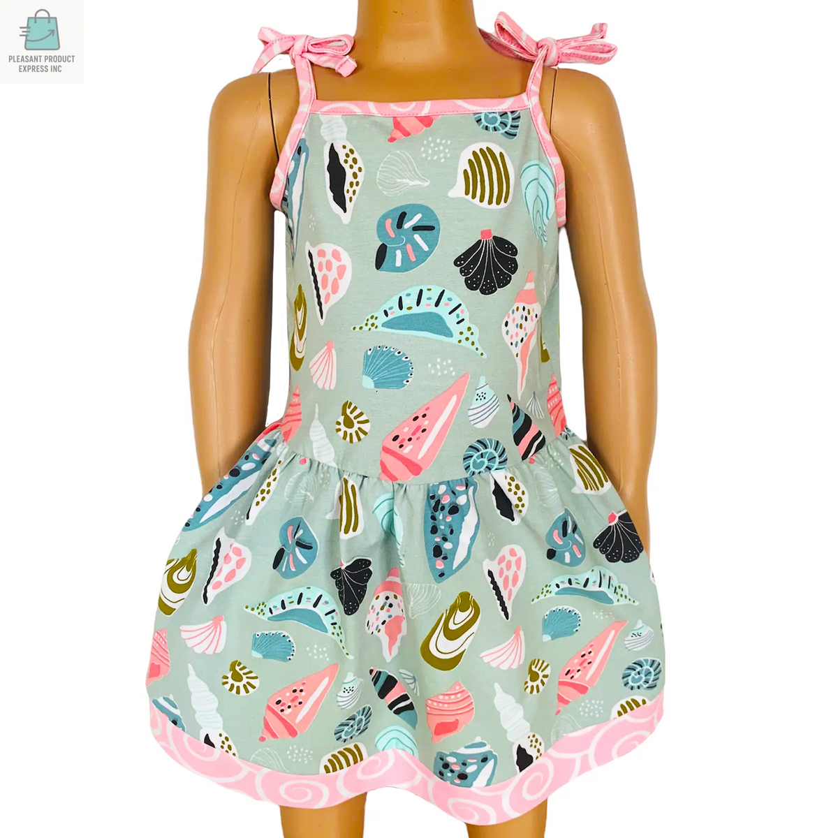 AnnLoren Girls' Seashells summer beach dress with adjustable spaghetti straps and colorful seashell print