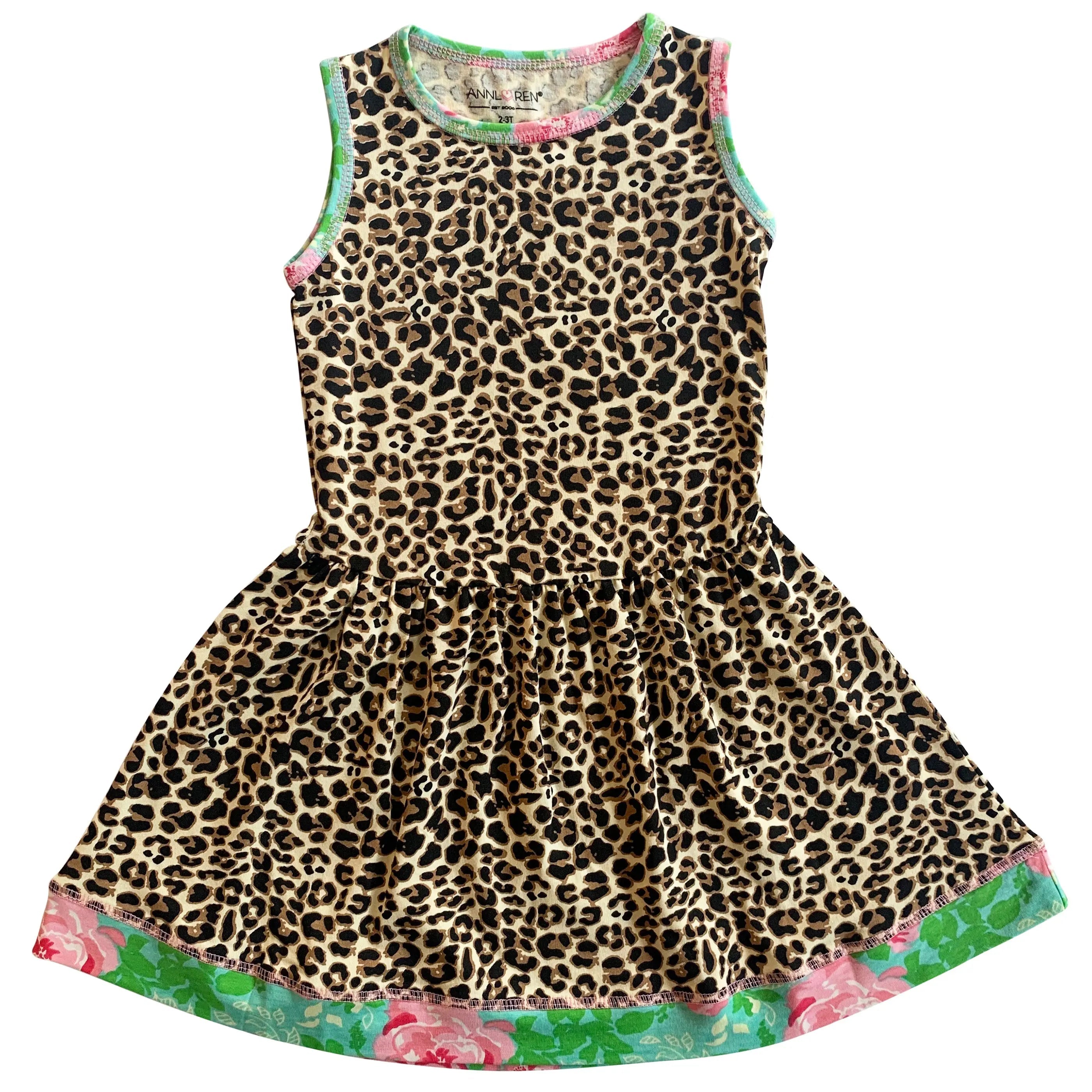 AnnLoren girls' sleeveless spring dress with leopard print and floral trim, soft cotton blend, machine washable