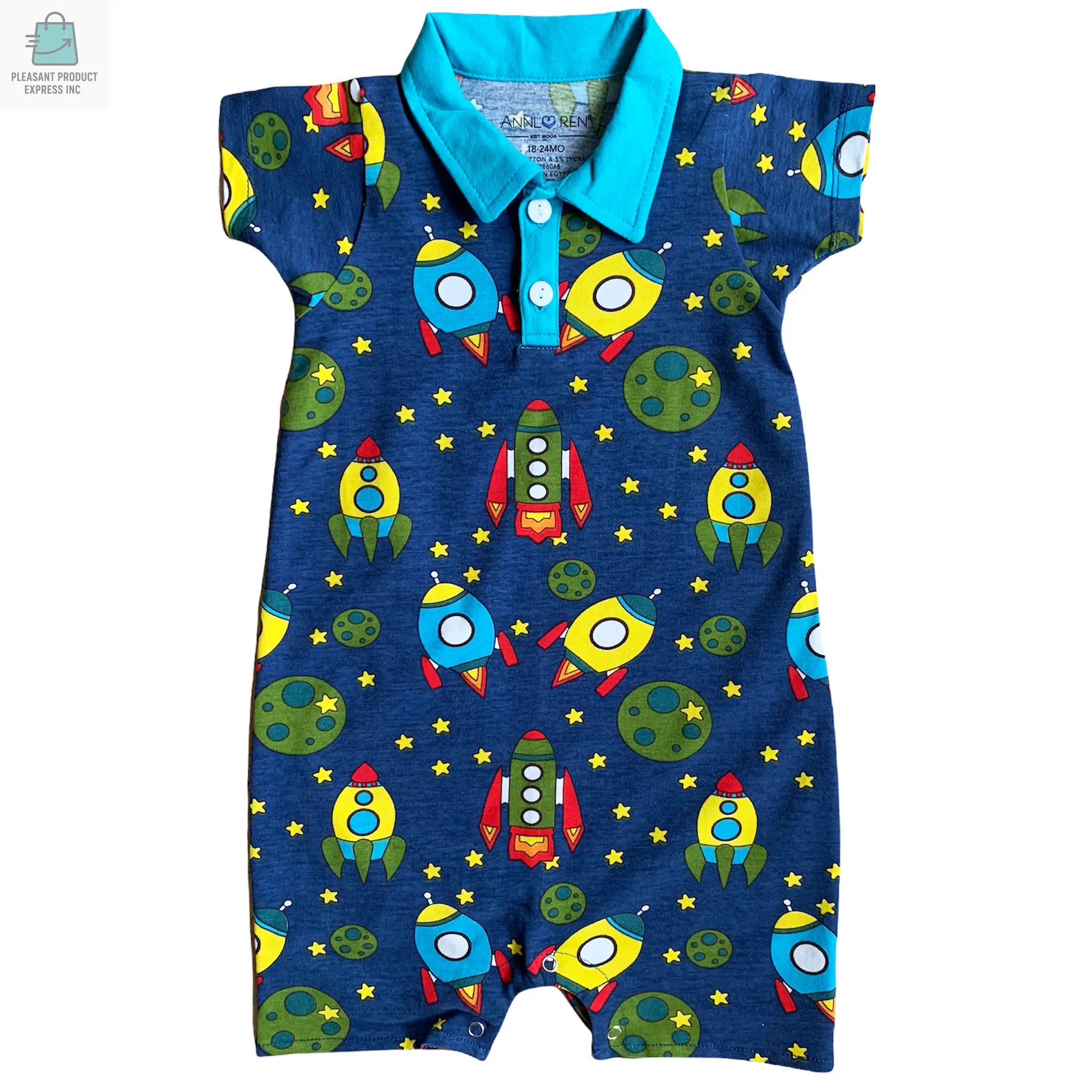 AnnLoren Boys Spaceship Romper short sleeve one-piece with blue collar and colorful rocket and planet print made of soft Egyptian cotton