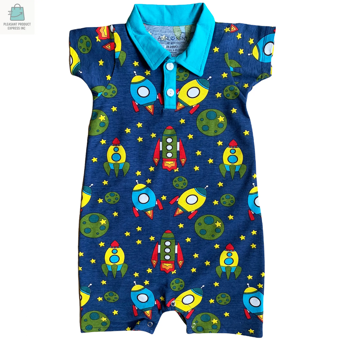 AnnLoren Boys Spaceship Romper short sleeve one-piece with blue collar and colorful rocket and planet print made of soft Egyptian cotton