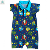 AnnLoren Boys Spaceship Romper short sleeve one-piece with blue collar and colorful rocket and planet print made of soft Egyptian cotton