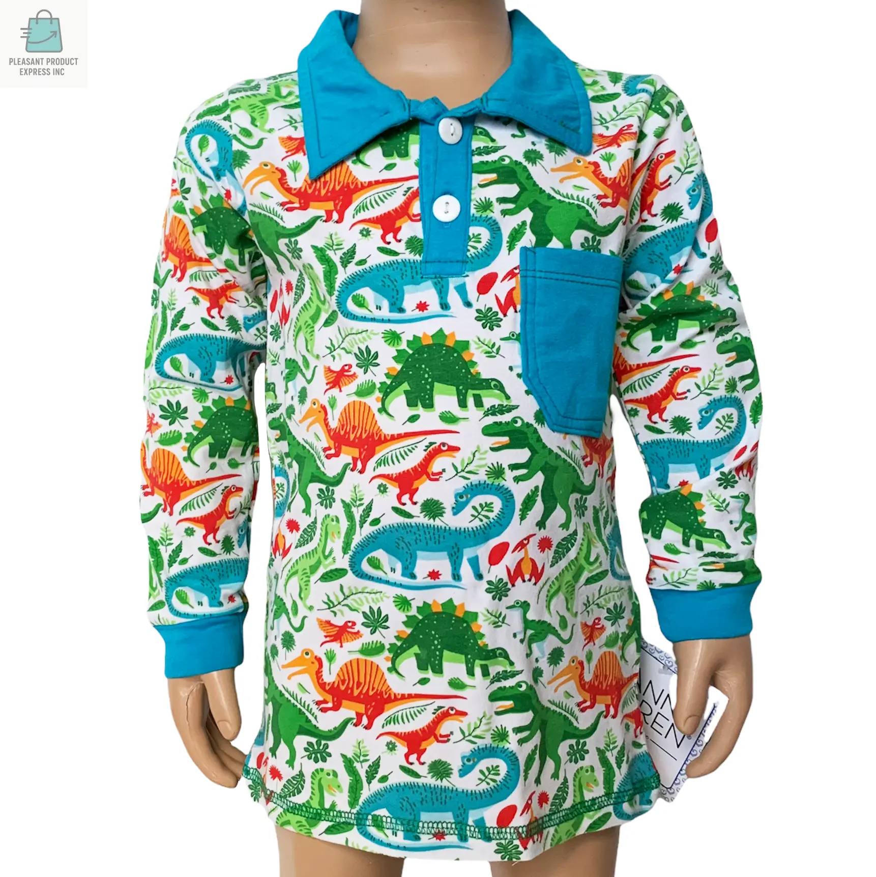 AnnLoren boys' long sleeve polo shirt with colorful dinosaur print, blue collar, and pocket, made of cotton-spandex blend for comfort and flexibility