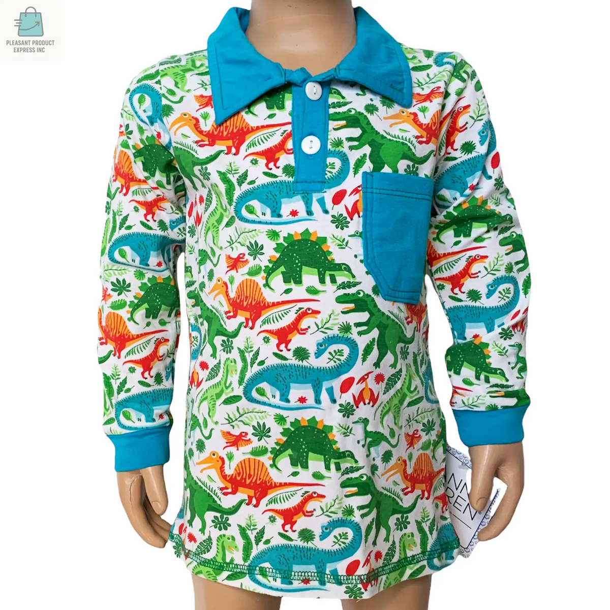 AnnLoren boys' long sleeve polo shirt with colorful dinosaur print, blue collar, and pocket, made of cotton-spandex blend for comfort and flexibility