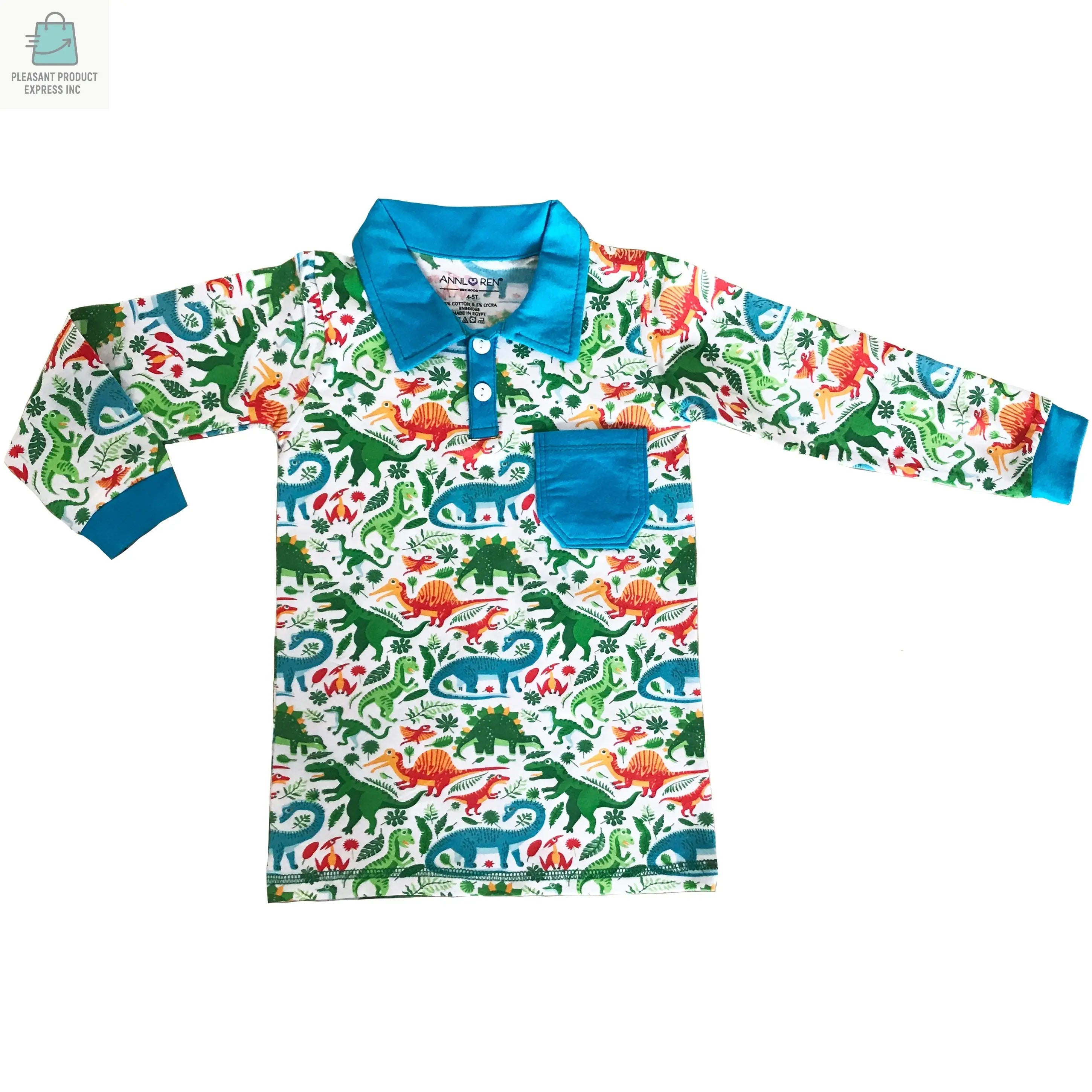 AnnLoren Toddler & Big Boys Long Sleeve Polo Shirt with Pocket Dinosaur Print-4