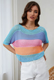 April Knitted Eyelet Colorblock Striped Half Sleeves Top-0