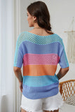 April Knitted Eyelet Colorblock Striped Half Sleeves Top-1