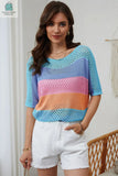 April Knitted Eyelet Colorblock Striped Half Sleeves Top-2