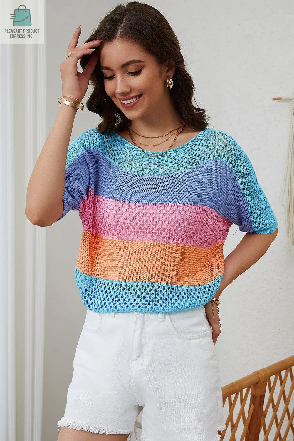 April Knitted Eyelet Colorblock Striped Half Sleeves Top-3