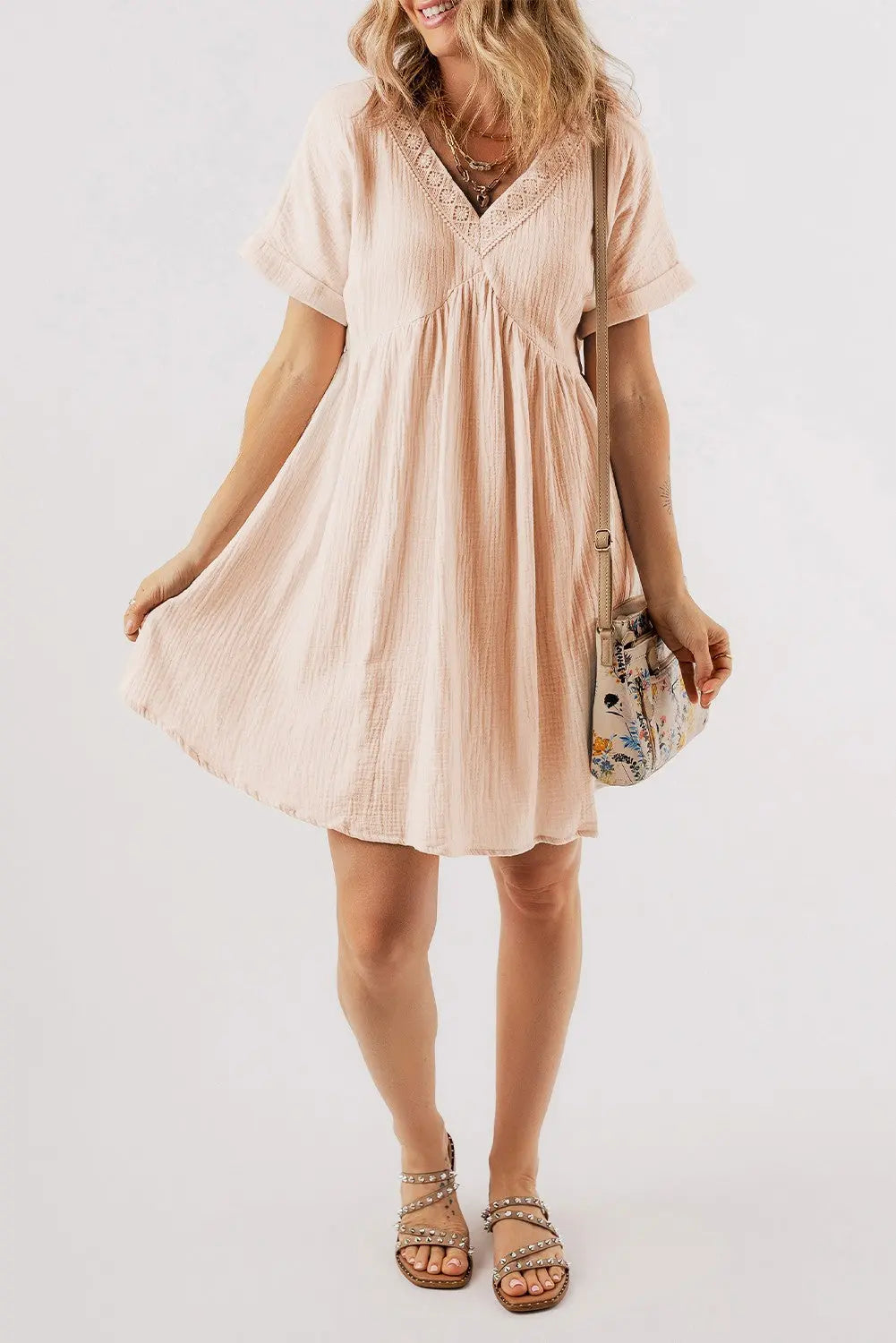 Bria Folded Short Sleeve Lace V Neck Mini Dress-0