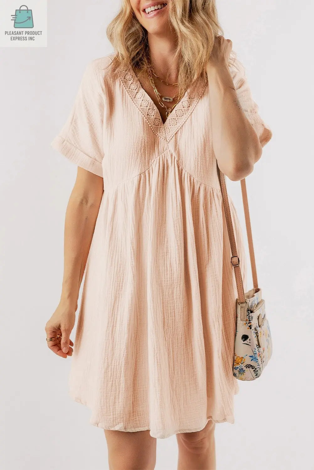 Bria Folded Short Sleeve Lace V Neck Mini Dress-2
