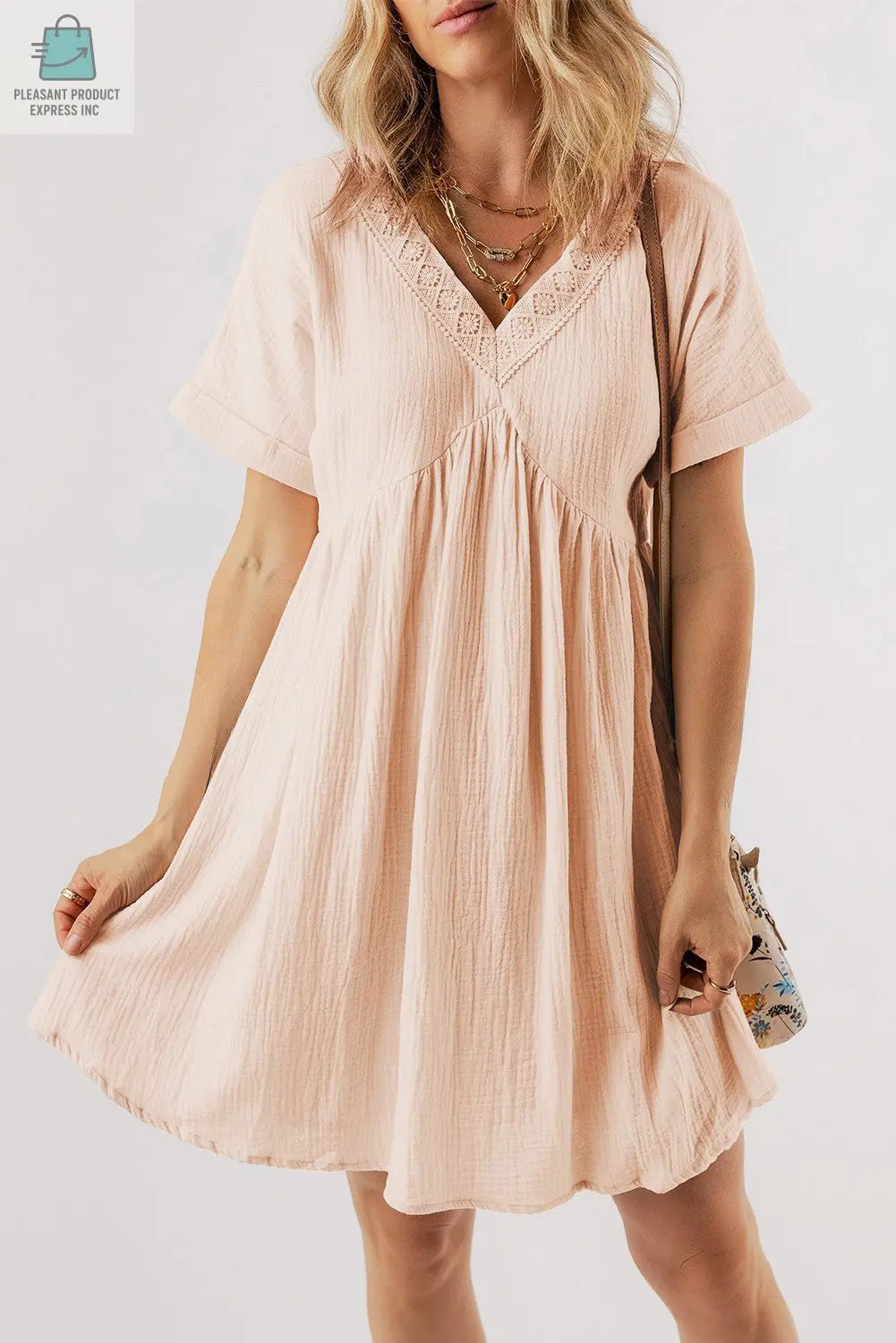 Bria Folded Short Sleeve Lace V Neck Mini Dress-3