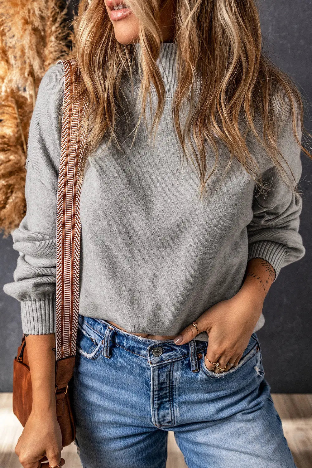 Brielle Turtleneck Drop Shoulder Bubble Sleeve Knit Sweater-2
