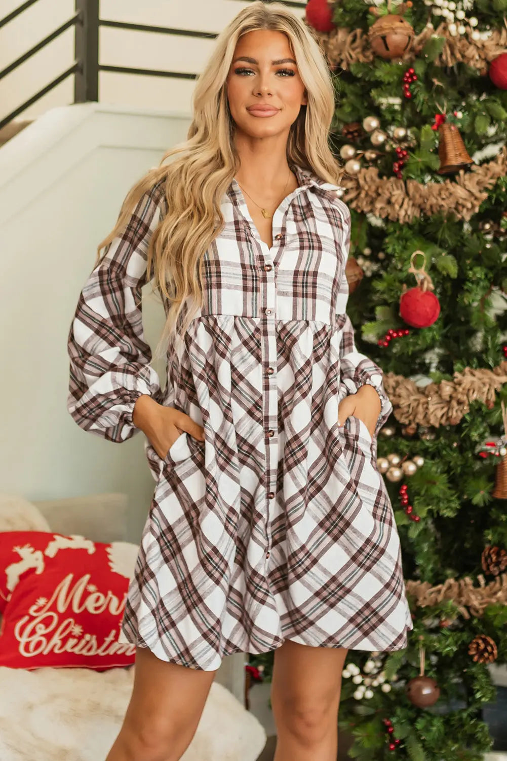 Callie Plaid Bubble Sleeve Shirt Dress-0