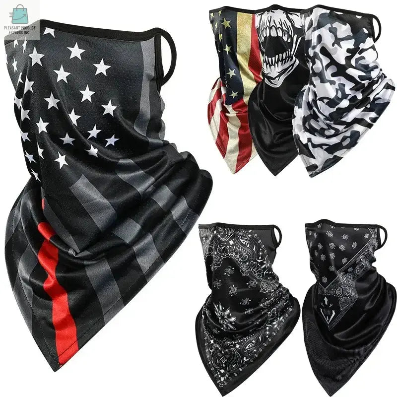 Set of camouflage ice silk balaclava masks with various patterns including black and white stars, American flag, skull and camo, and paisley designs, ideal for outdoor sports and UV protection.