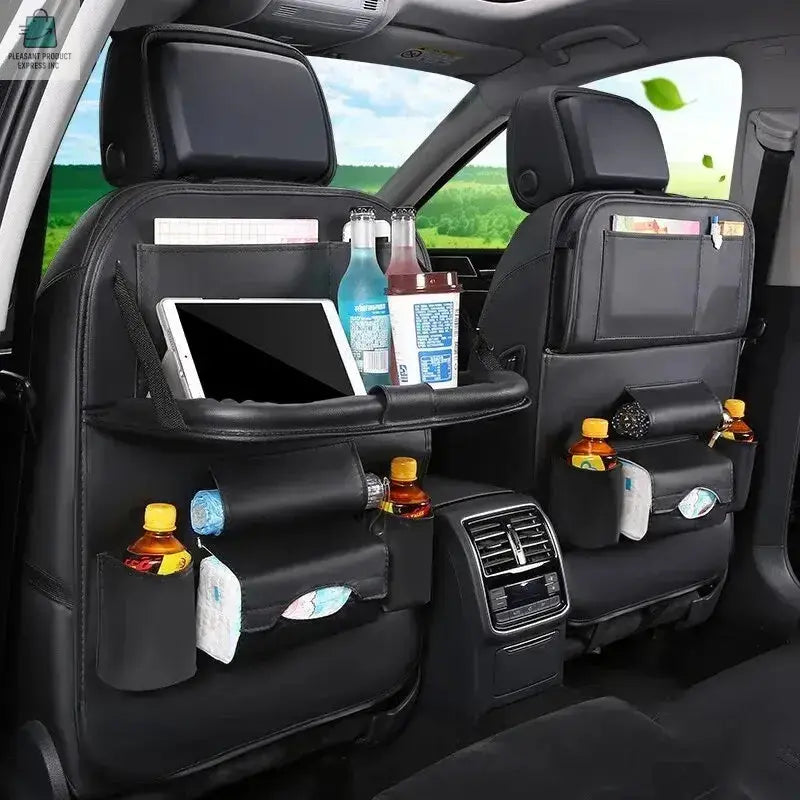Car seat organizer with foldable table tray, multiple pockets, kick mats, and durable PU leather backseat storage accessory
