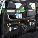 Car seat organizer with foldable table tray, multiple pockets, kick mats, and durable PU leather backseat storage accessory