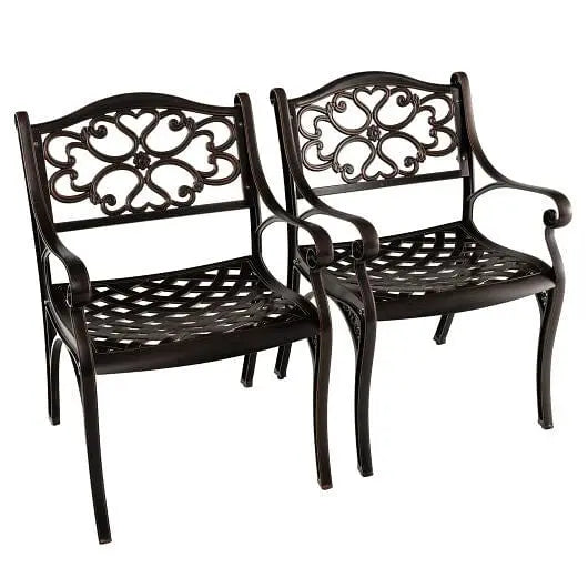 Cast Aluminum Dining Chairs Set of 2 with Patio Chairs Armrests Flower Pattern-Bronze-0