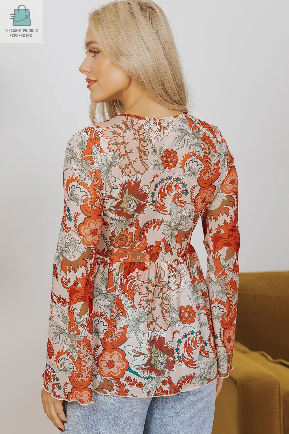 Celeste Floral V Neck Knot Bell Sleeve Blouse-1
